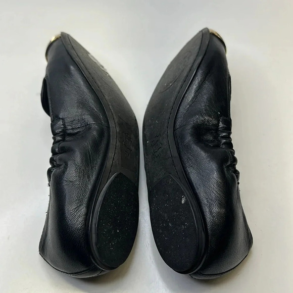 Tory Burch Ballet Flats Slip On Scrunch Back T Logo Leather Black Gold Size 7 - Picture 8 of 11